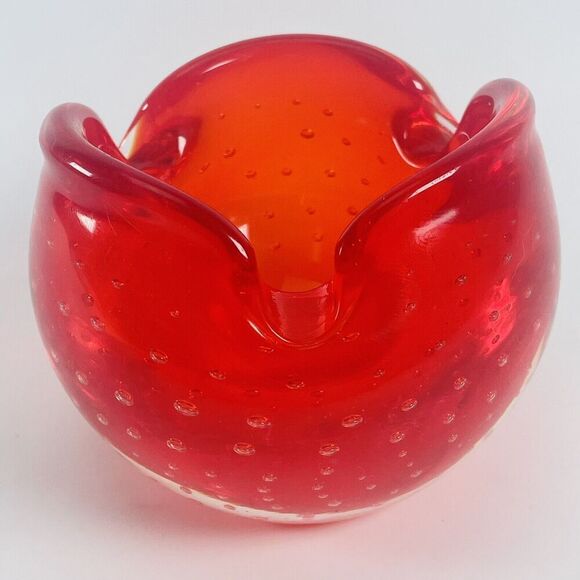 Vintage Murano Red Ashtray Controlled Bubble Swirl Art Glass MCM Trinket Jewelry - Picture 1 of 10
